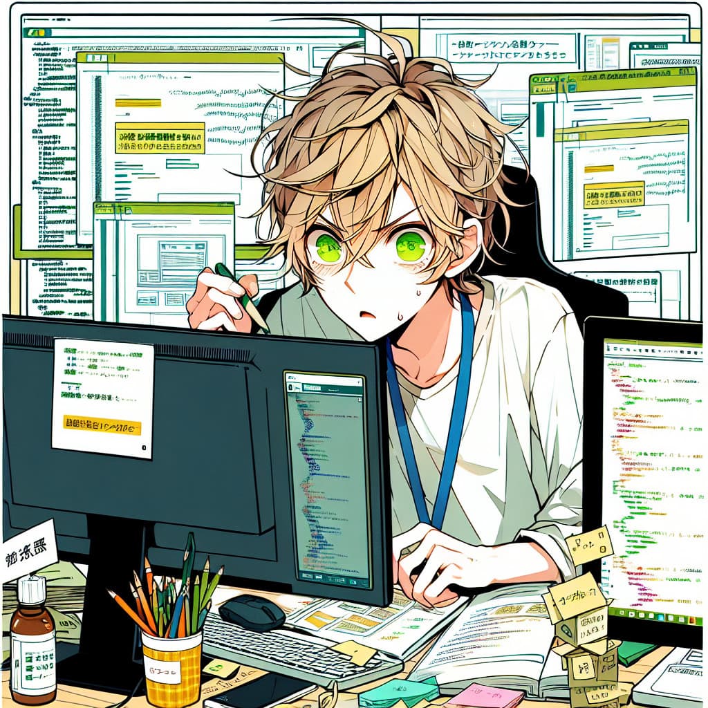 imagine in anime seraph of the end like look showing an anime boy with messy blond hair and green eyes working in multilingual website developer