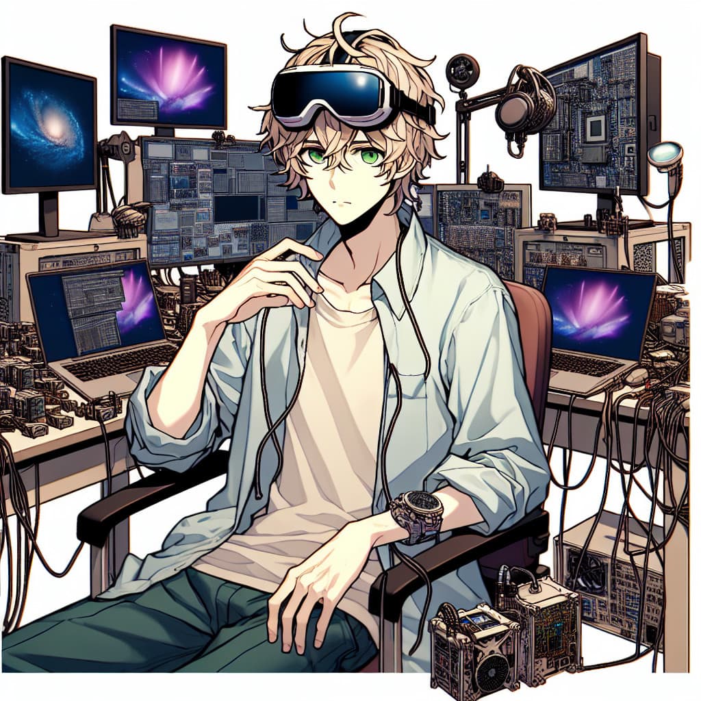 imagine in anime seraph of the end like look showing an anime boy with messy blond hair and green eyes working in vr developer