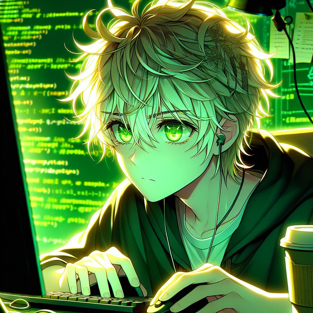 imagine in anime seraph of the end like look showing an anime boy with messy blond hair and green eyes working in web developer