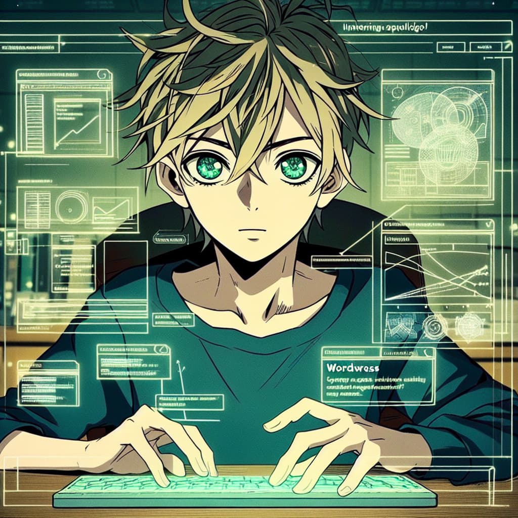 imagine in anime seraph of the end like look showing an anime boy with messy blond hair and green eyes working in wordpress