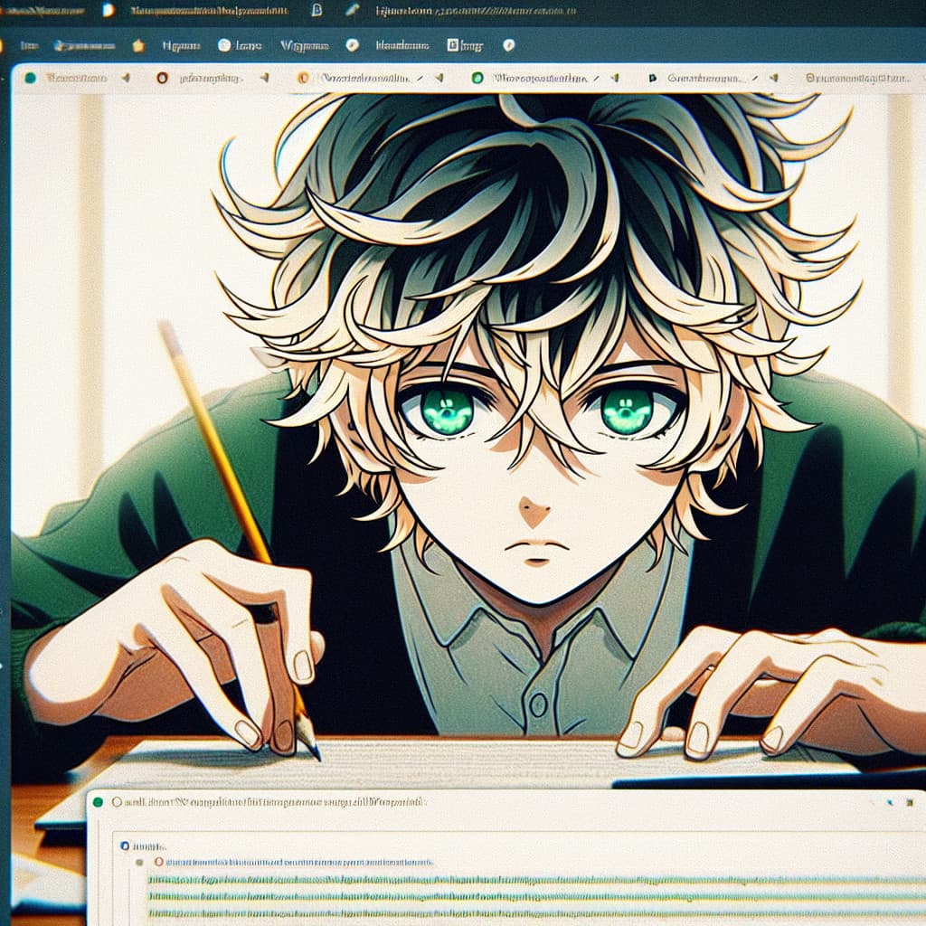 imagine in anime seraph of the end like look showing an anime boy with messy blond hair and green eyes working in wordpress